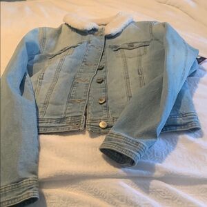 Blue and White Cropped Jean Jacket with Classic Collar